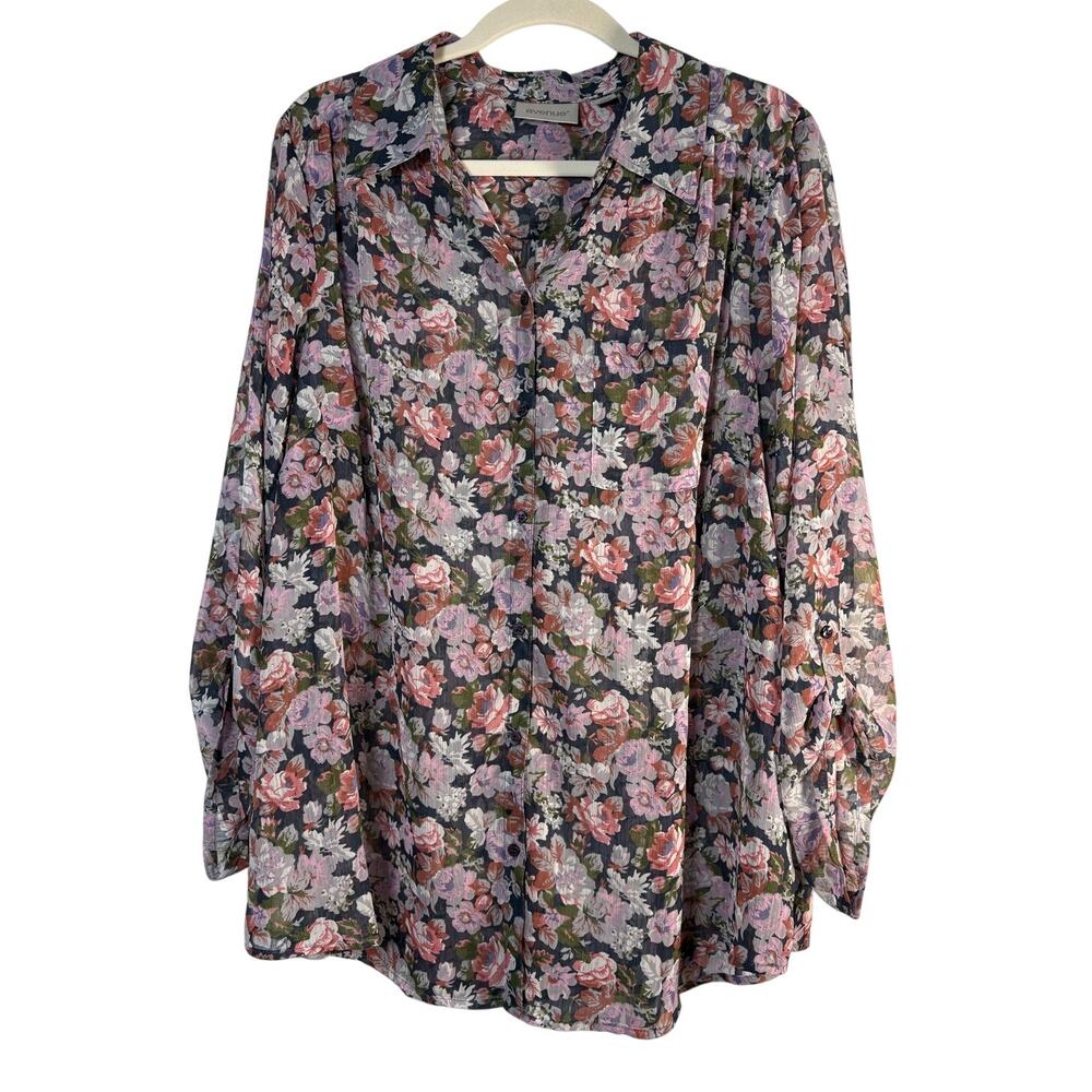 Avenue Floral Silky Button Down Blouse Top Chiffon Garden Office Elegant 18 20